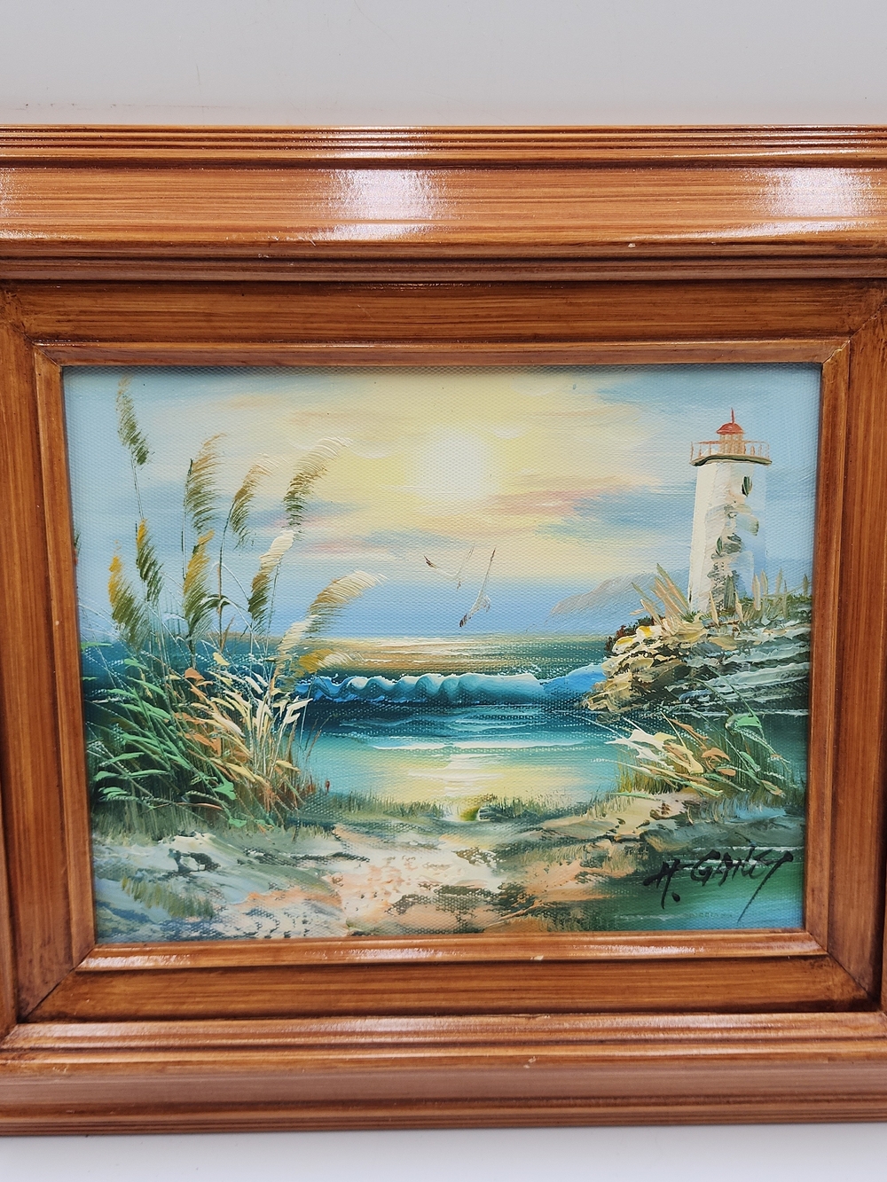 Lighthouse Ocean Beach Seagulls original Oil Painting Signed H. Gailey Framed